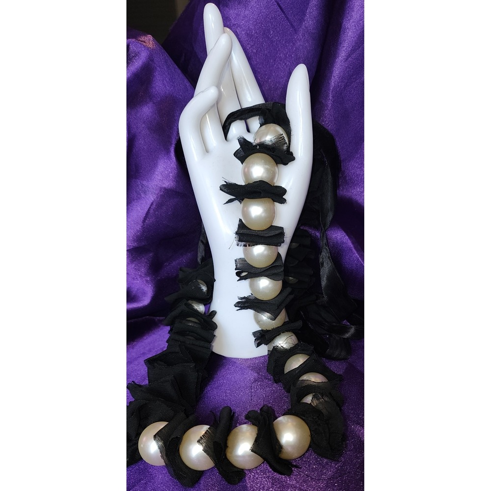 Black Ruffle Faux Pearl Statement Necklace Adjustable Ribbon Tie Chunky
